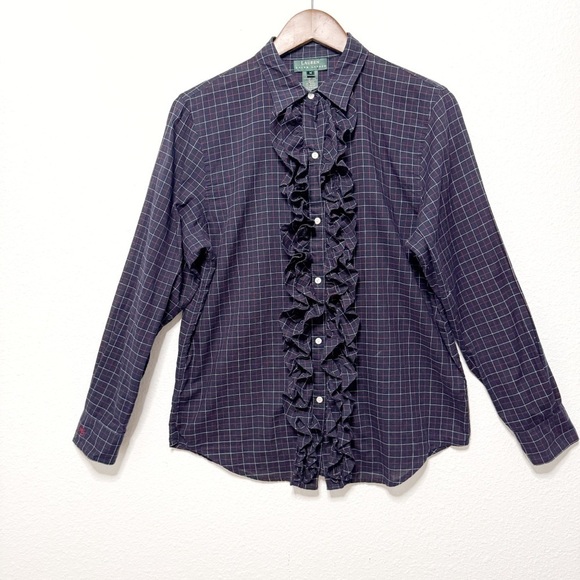 Lauren Ralph Lauren Victorian ruffles plaid long sleeve shirt navy blue size M - Picture 2 of 9